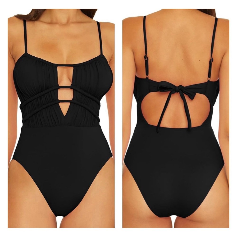 Becca Women's Color Code Shirred One-Piece Swimsuit Black Bathing Suit Cutout M